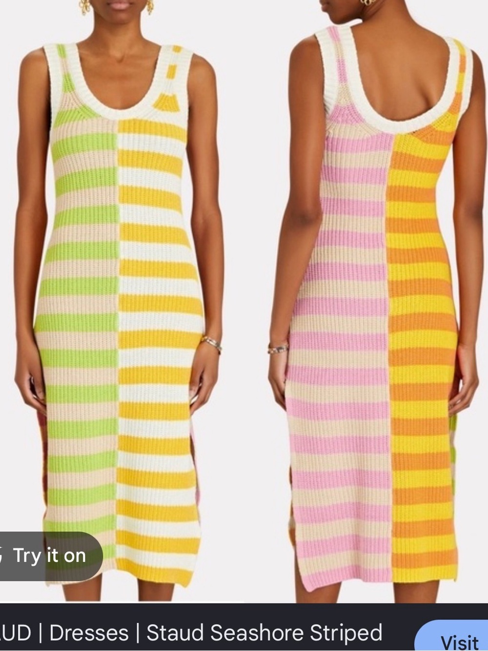 STAUD Multicolor Striped Knit Midi Dress — Pink, Yellow, Green & White